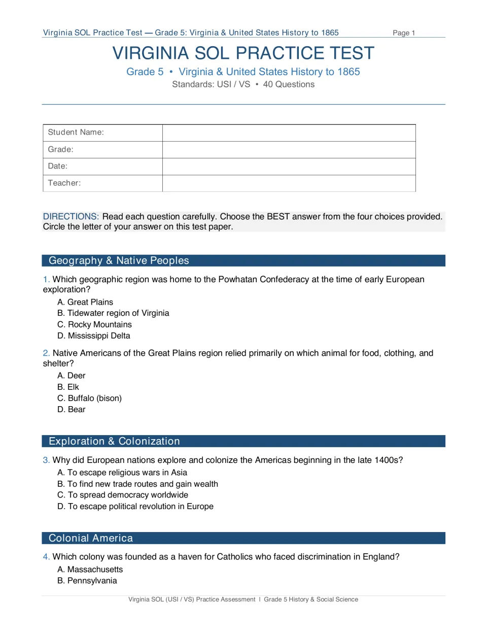 Test opener for Virginia and US history to 1865: directions and multiple-choice items 1-4 on Native peoples and colonies