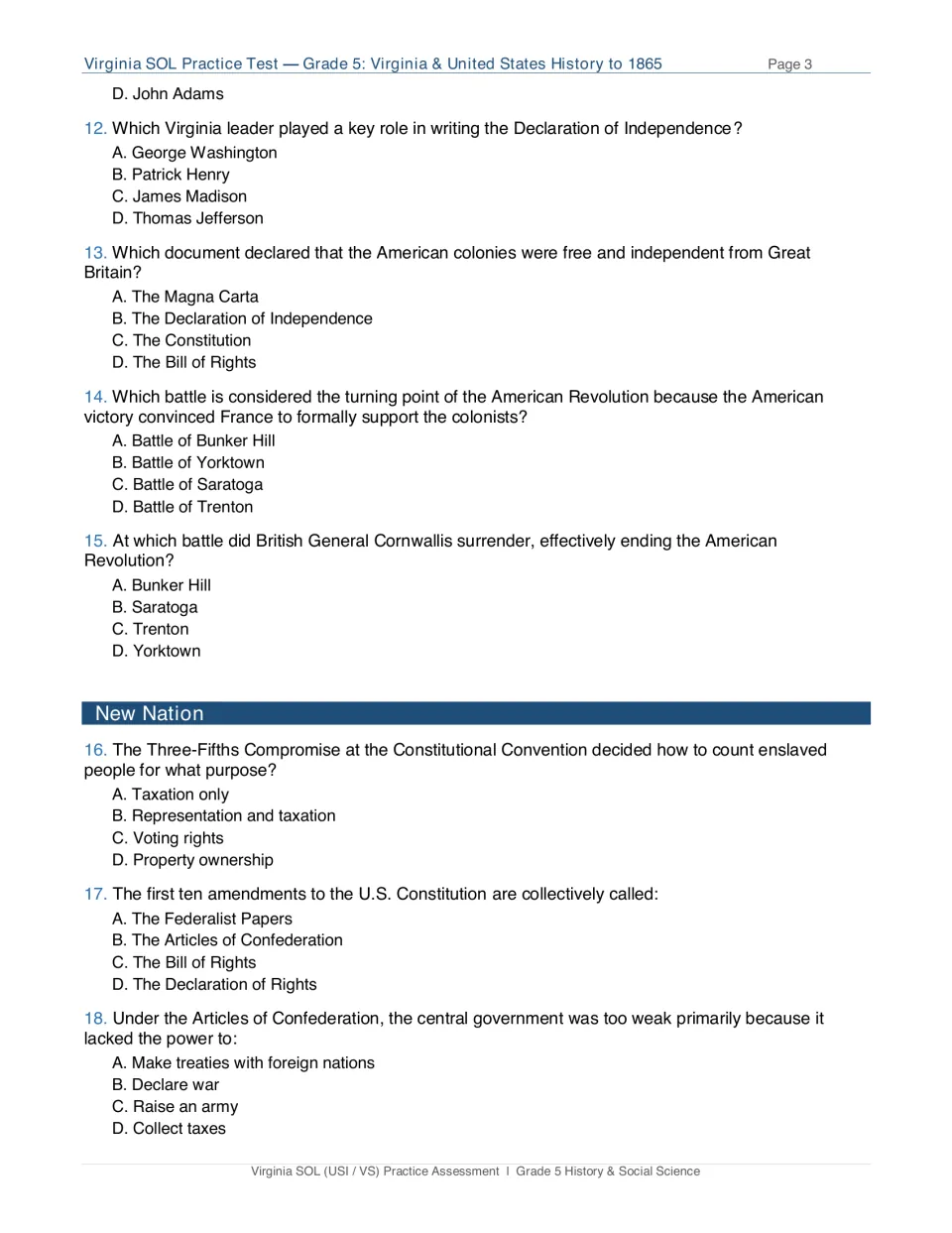 American Revolution and new nation items 12-18: multiple choice on Jefferson, Saratoga, Yorktown and the Bill of Rights