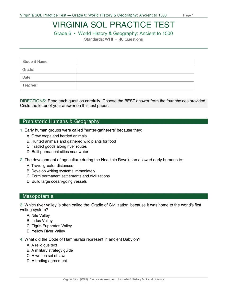Test page 1: student information, directions and questions 1–4 on prehistoric humans and Mesopotamia