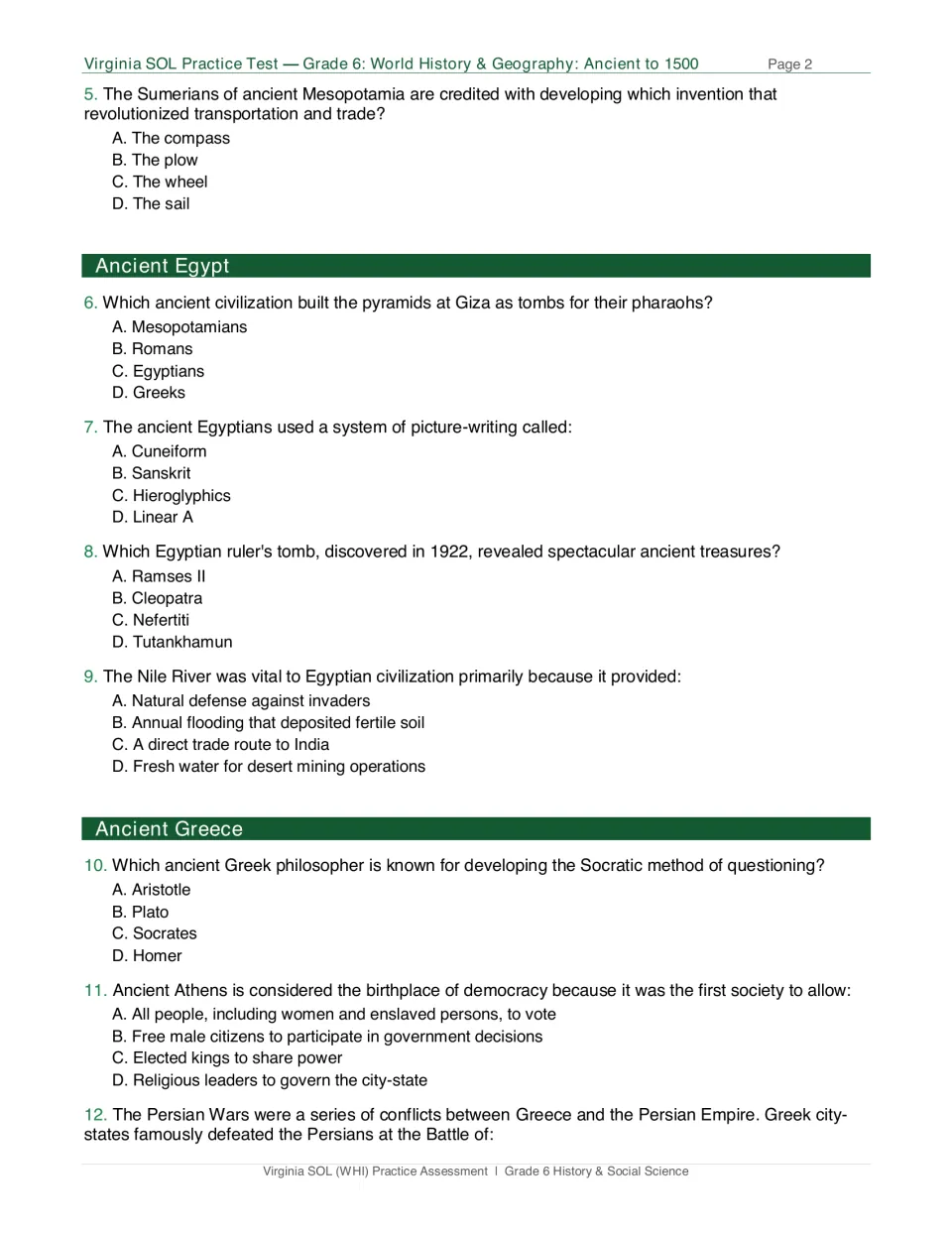 Test page 2: questions 5–12 on the Sumerian wheel, ancient Egypt, Greek philosophy, democracy and wars