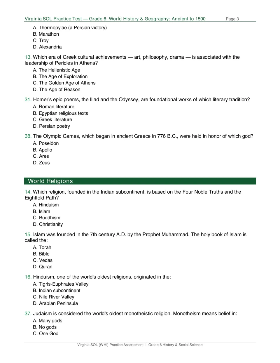 Test page 3: question 12 choices, Greek culture questions and questions on Buddhism, Islam, Hinduism and Judaism