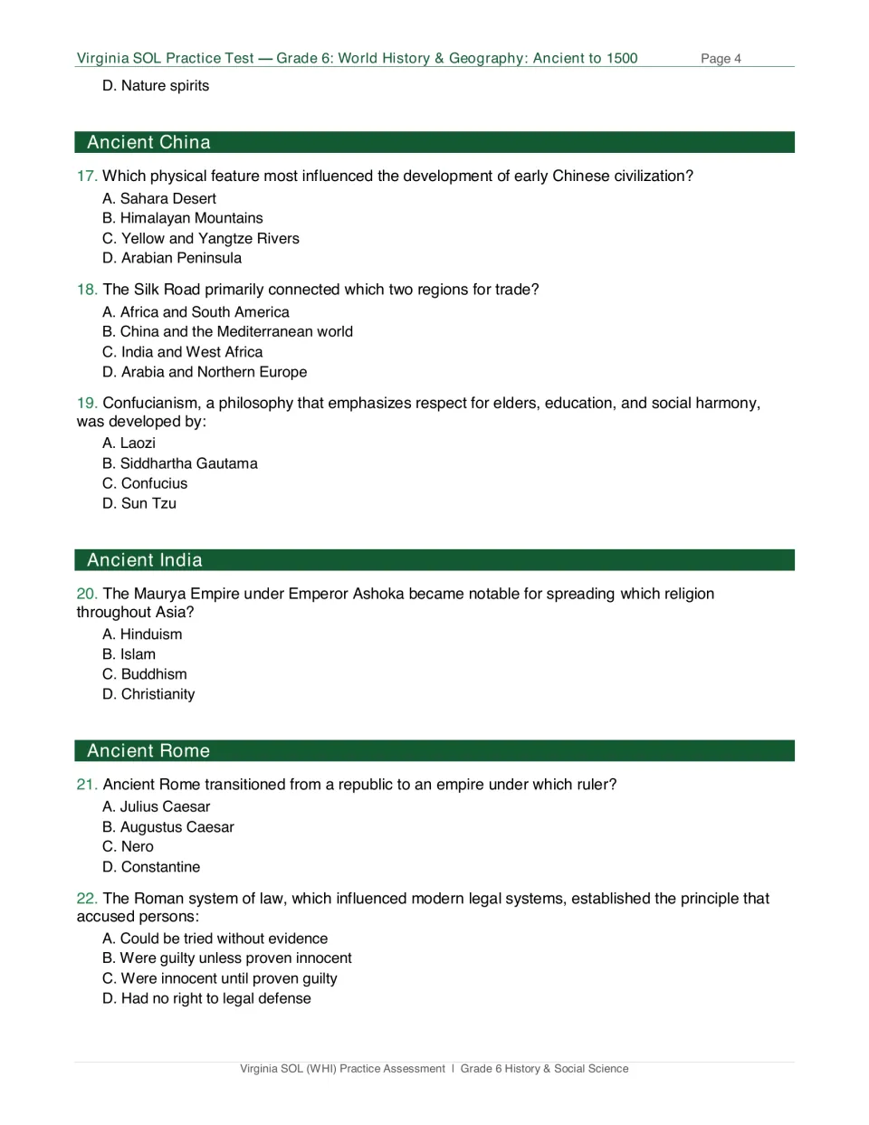 Test page 4: questions 17–22 on Chinese rivers, the Silk Road, Confucius, Ashoka, Augustus and Roman law