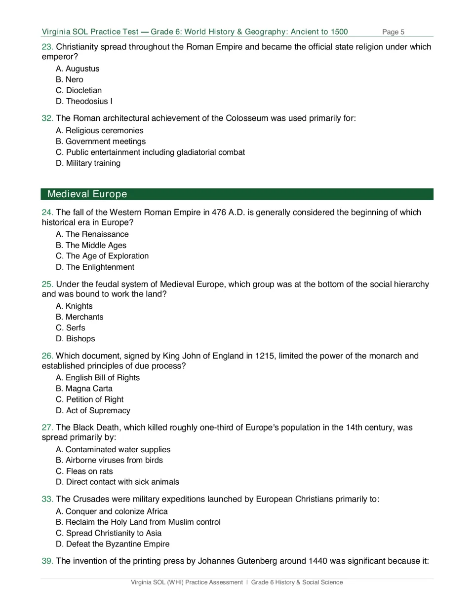 Test page 5: questions on Roman Christianity, the Colosseum, feudalism, Magna Carta and the Black Death