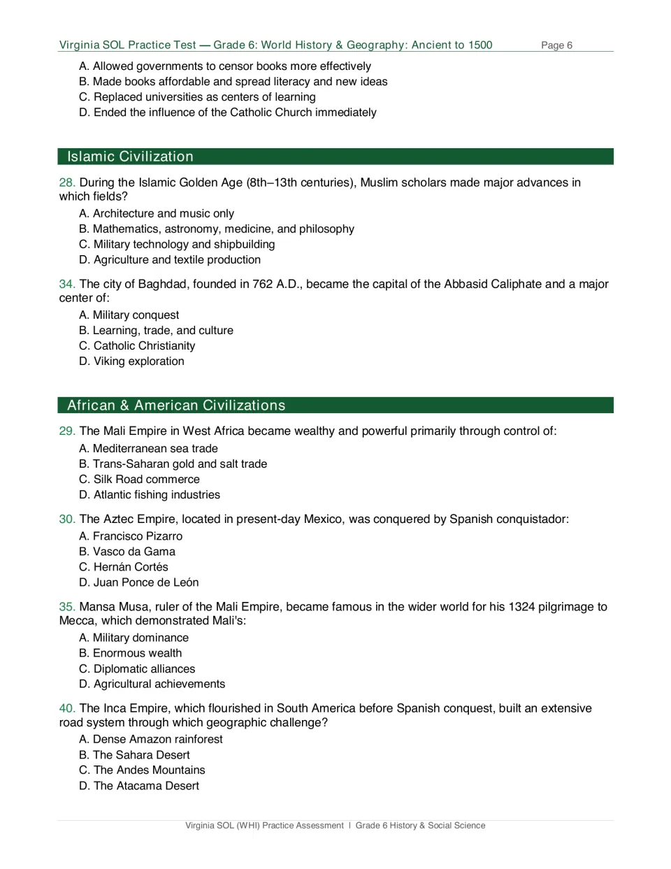 Test page 6: printing press answer choices and questions on Islamic scholarship, Mali, Aztecs and Incas