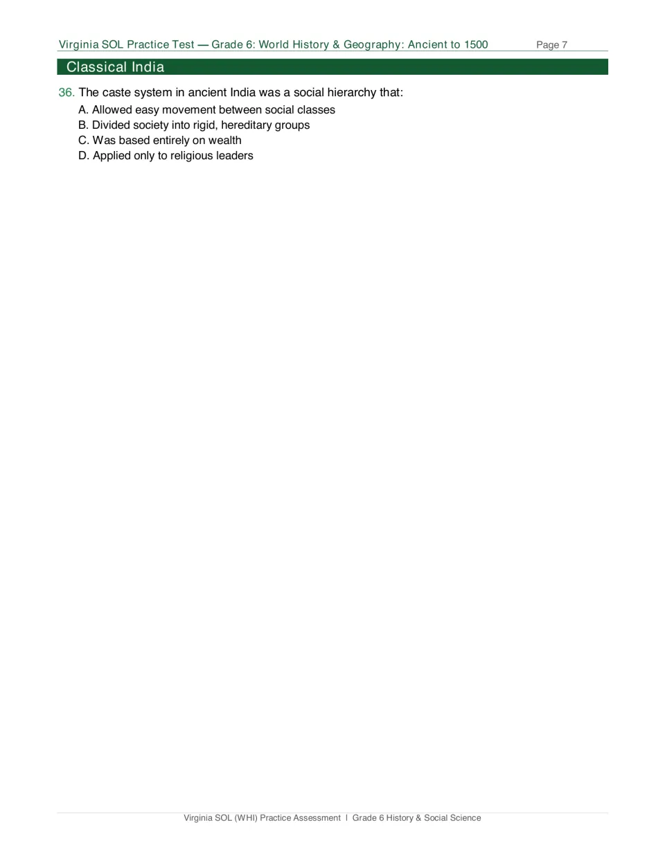 Test page 7: Classical India question 36 asks how the caste system organized society, with four choices