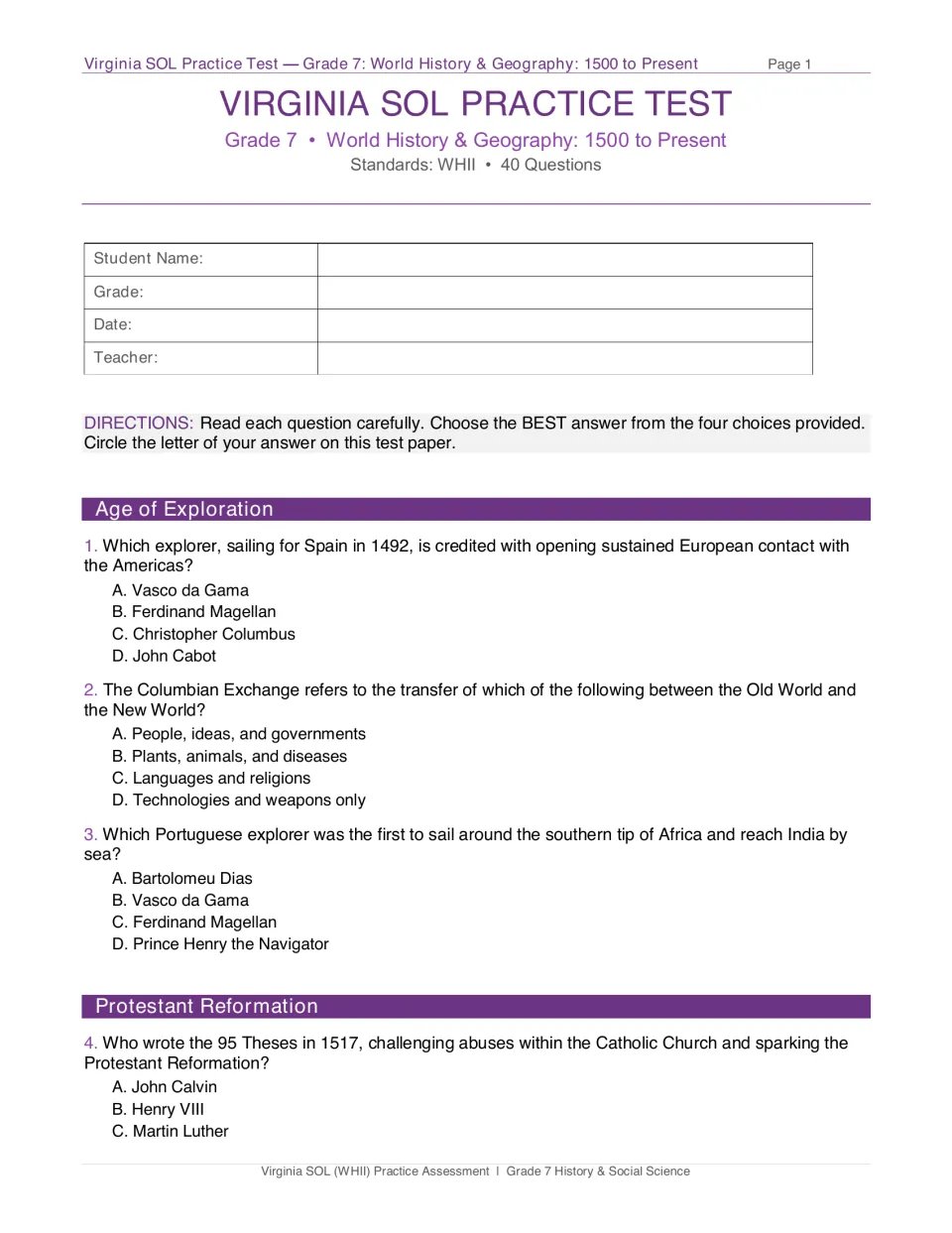 Test page 1: student information, directions, exploration questions 1–3, and Reformation question 4