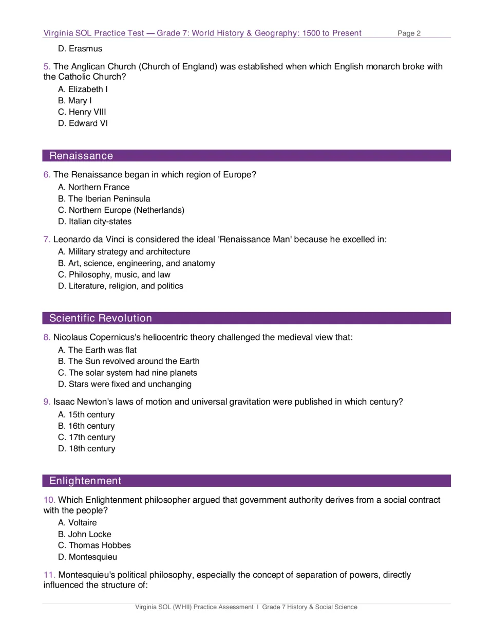 Test page 2: questions 5–11 on Henry VIII, the Renaissance, the Scientific Revolution, and the Enlightenment