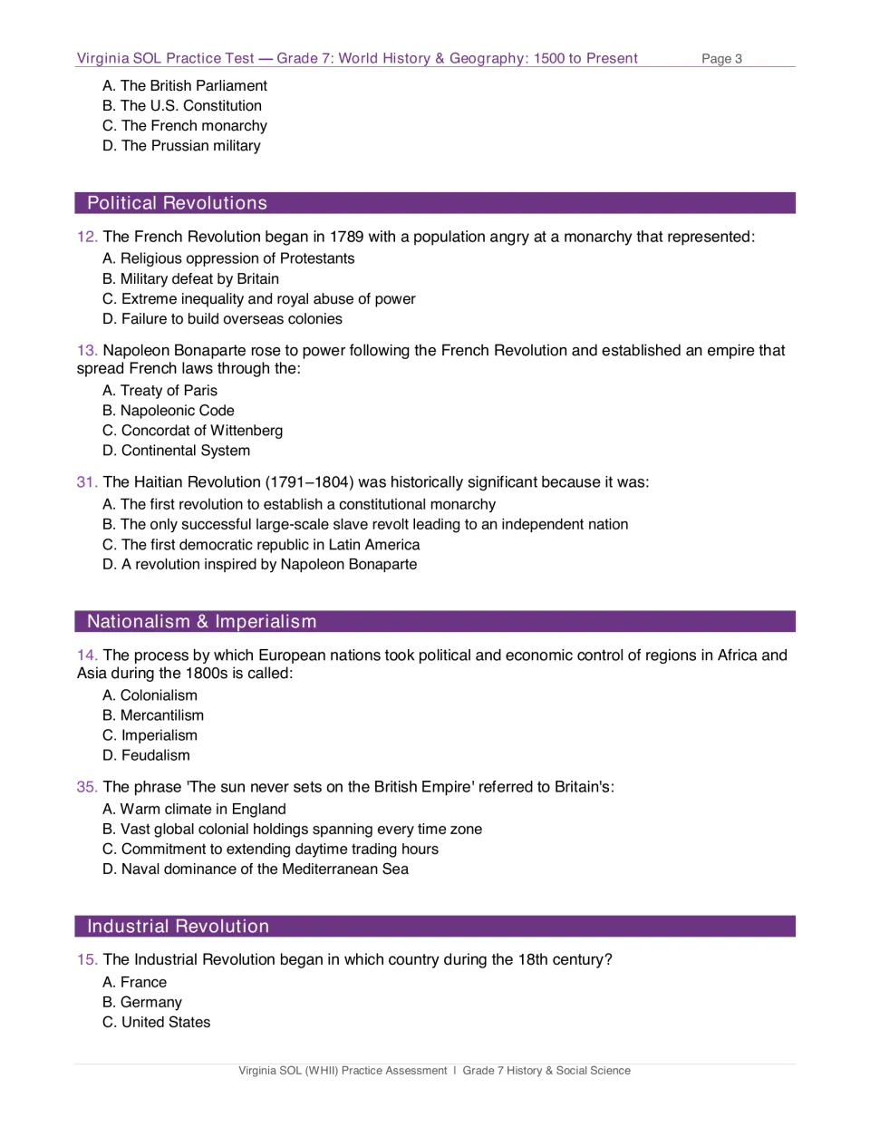 Test page 3: questions 12–15, 31, and 35 on political revolutions, imperialism, and industrialization