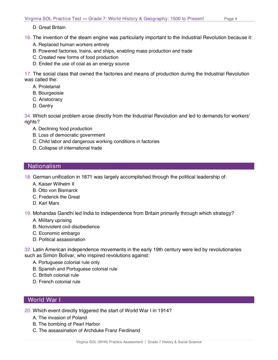 Test page 4: questions 16–20, 32, and 34 on industrialization, nationalism, and the start of World War I