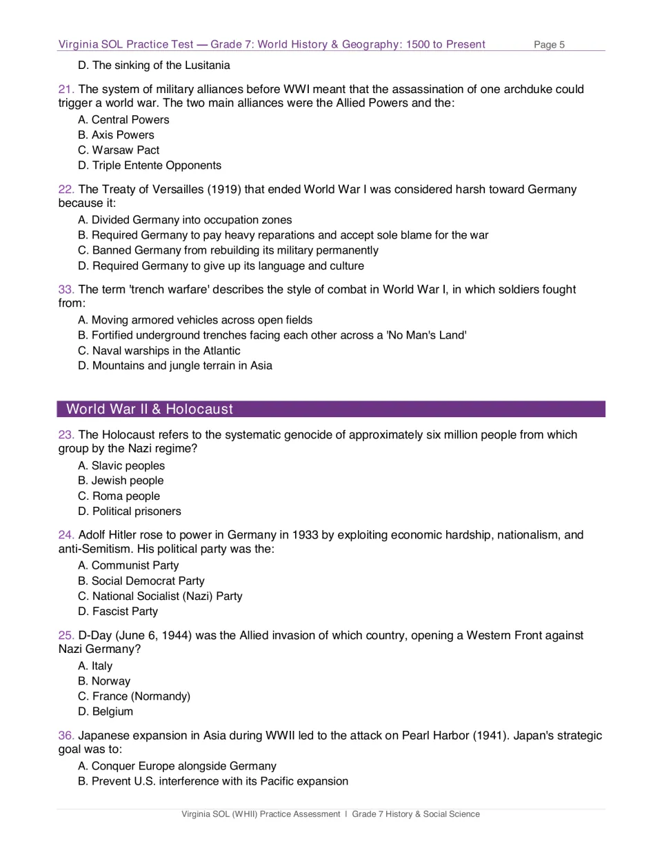 Test page 5: questions 21–25, 33, and 36 on World War I, the Holocaust, D-Day, and Pearl Harbor
