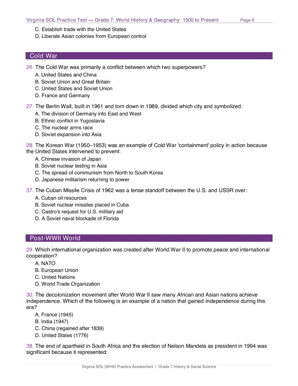 Test page 6: questions 26–30, 37, and 38 on the Cold War, United Nations, independence, and apartheid