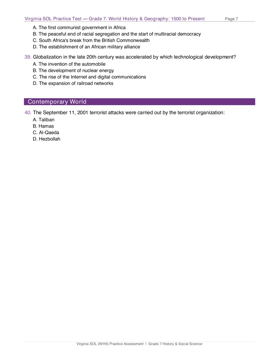 Test page 7: final choices for apartheid question 38, question 39 on globalization, and 40 on September 11