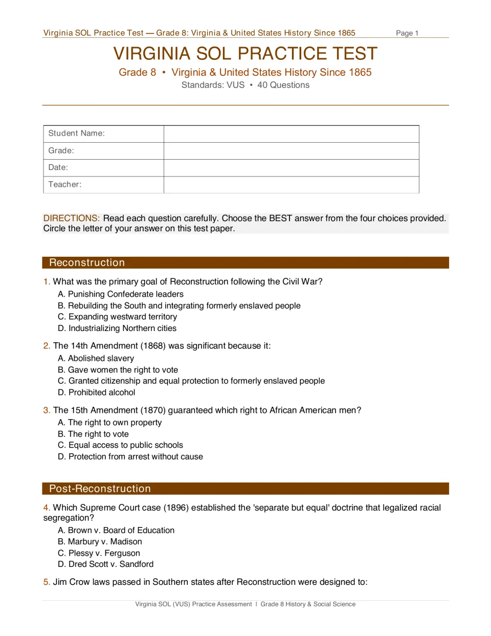 Test page 1: directions and questions 1–5 on Reconstruction, the 14th and 15th Amendments, and segregation