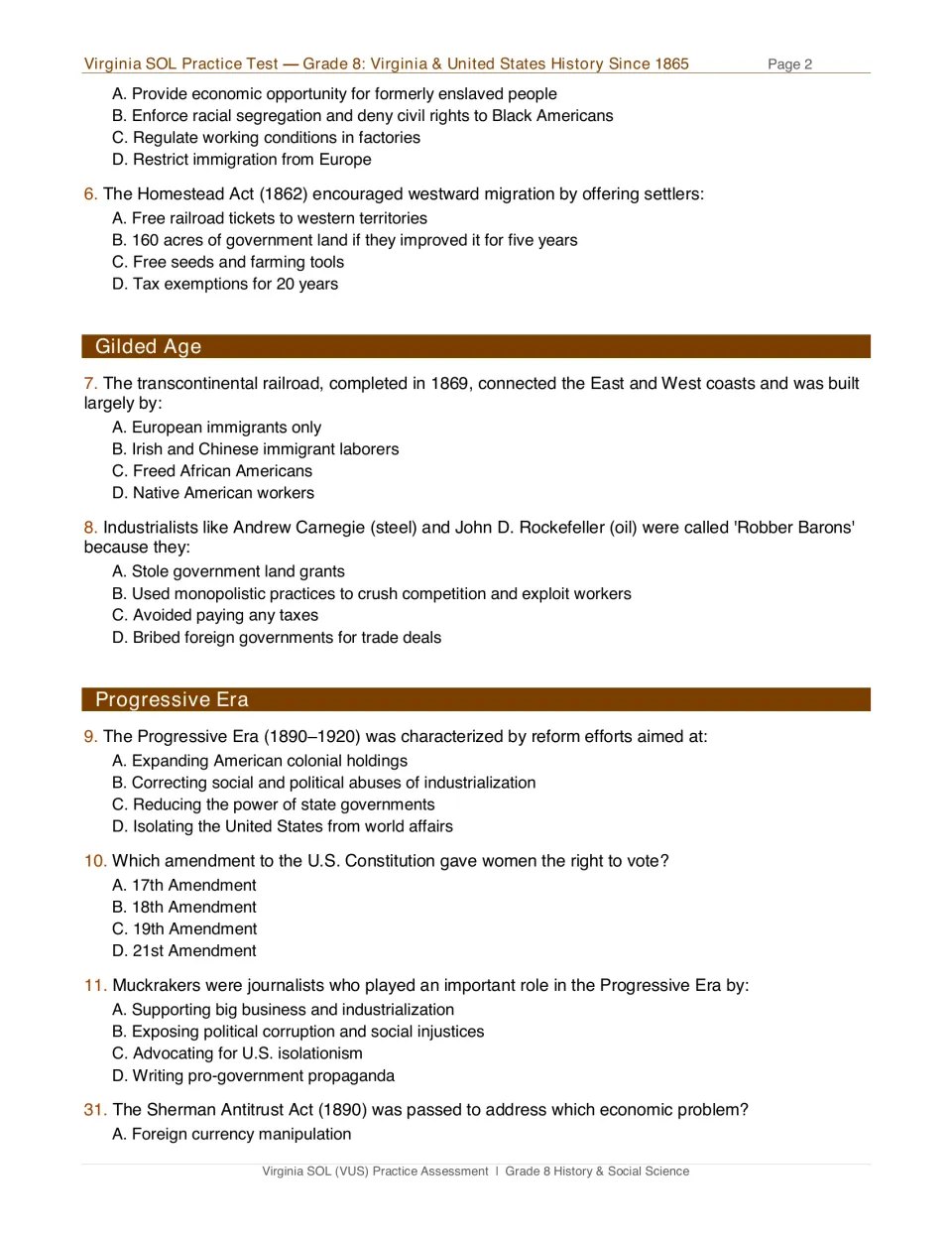 Test page 2: questions on Jim Crow, homesteading, railroads, industrialists, and Progressive Era reforms