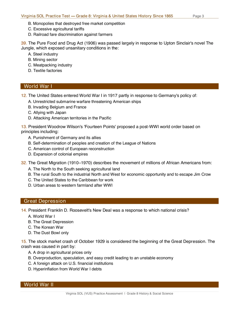 Test page 3: questions on monopolies, meatpacking reform, World War I, migration, and the Great Depression