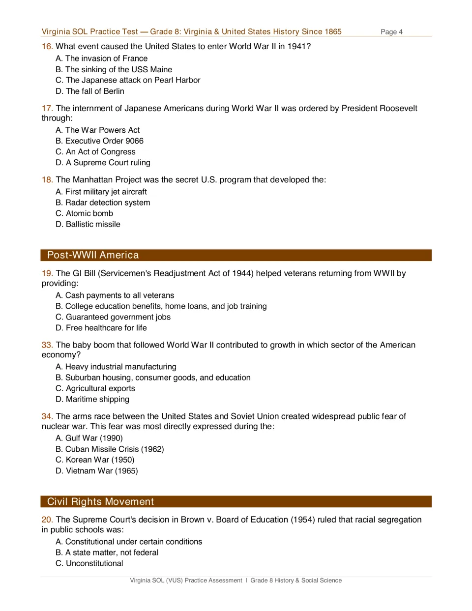 Test page 4: questions on Pearl Harbor, Japanese American internment, the GI Bill, and school segregation