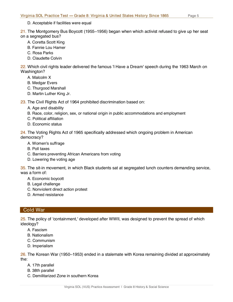 Test page 5: questions on Rosa Parks, Martin Luther King Jr., civil rights laws, containment, and Korea