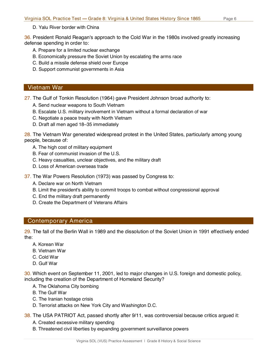 Test page 6: questions on Reagan, the Vietnam War, war powers, the Cold War's end, 9/11, and surveillance