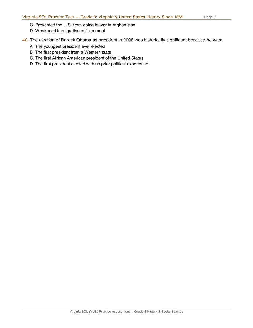 Test page 7: final USA PATRIOT Act answer choices and question 40 on Barack Obama's historic 2008 election