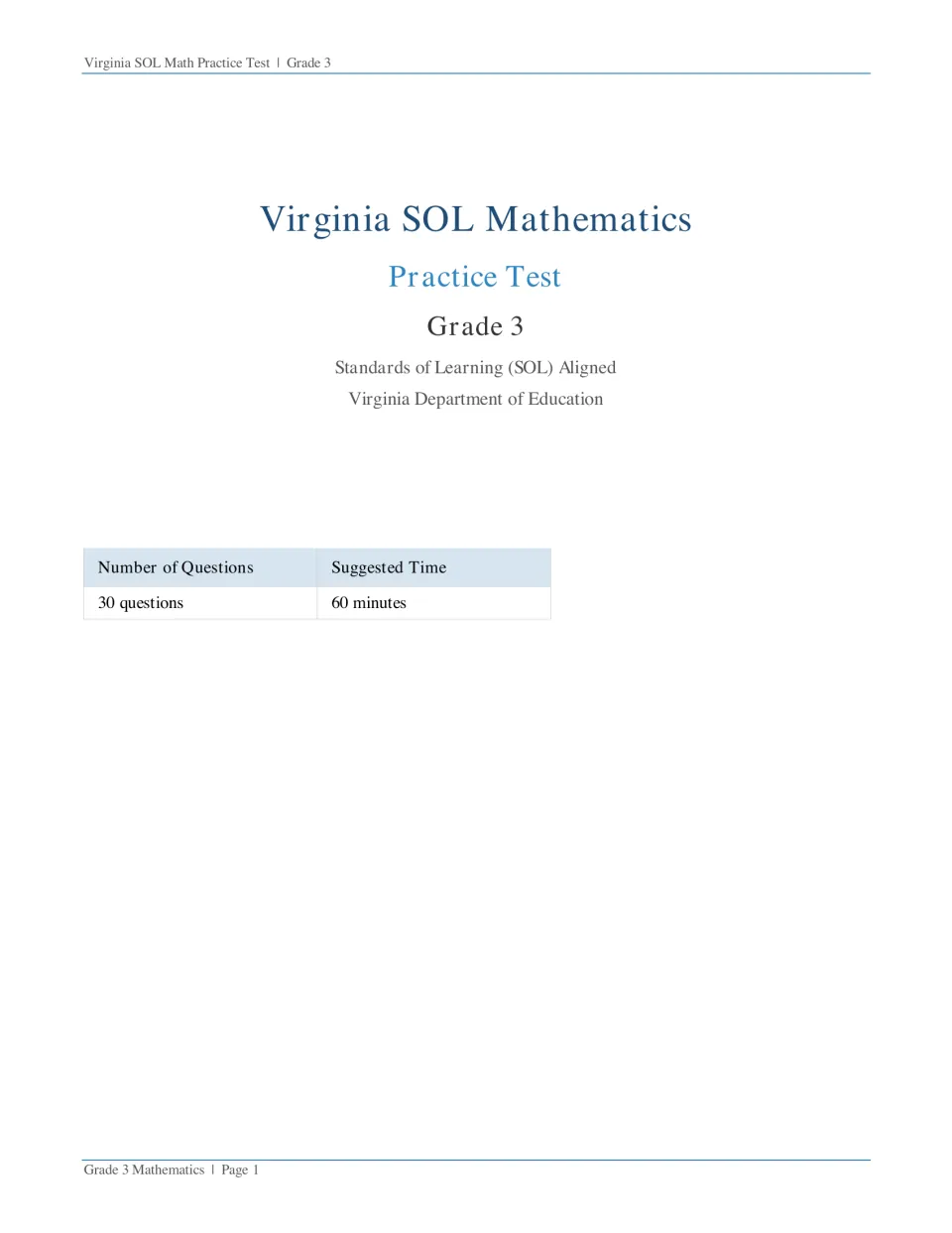 Test title page: Virginia SOL Mathematics practice test, Grade 3, with 30 questions and a suggested time of 60 minutes