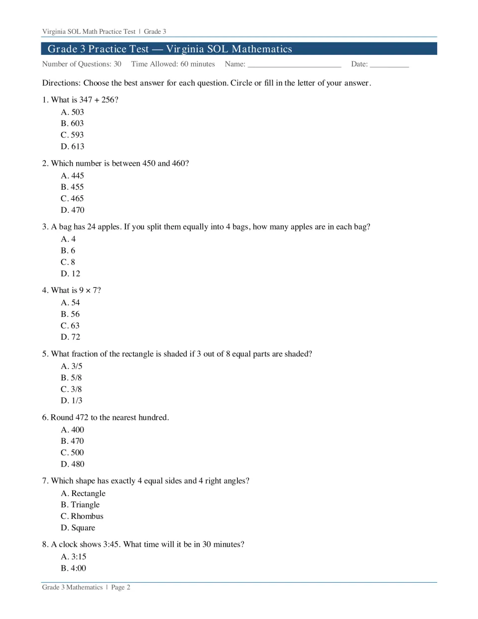 Questions 1-8: students circle answers on addition, division, 9 x 7, shaded fractions, rounding to hundreds and shapes