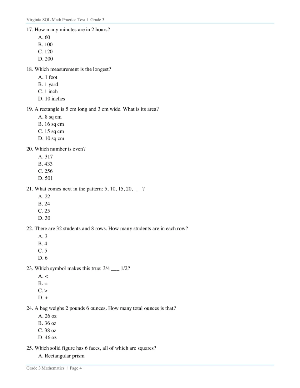 Questions 17-25: time conversion, longest length, rectangle area, even numbers, skip-count pattern, comparing 3/4 and 1/2