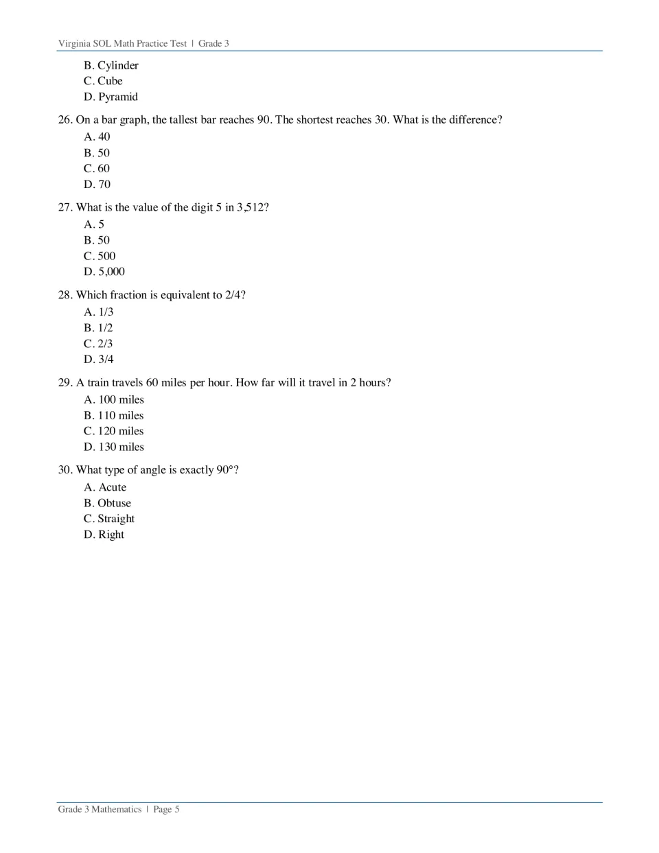 Questions 25-30: cube faces, bar graph difference, place value of 5 in 3,512, equivalent fractions, distance and angle types