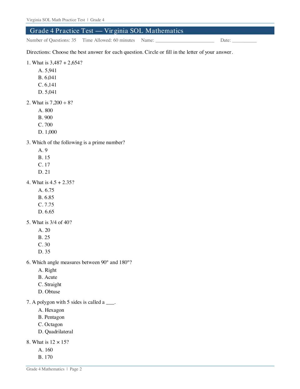 Test questions 1–8 cover addition, division, prime numbers, decimals, fractions, angles, and polygons