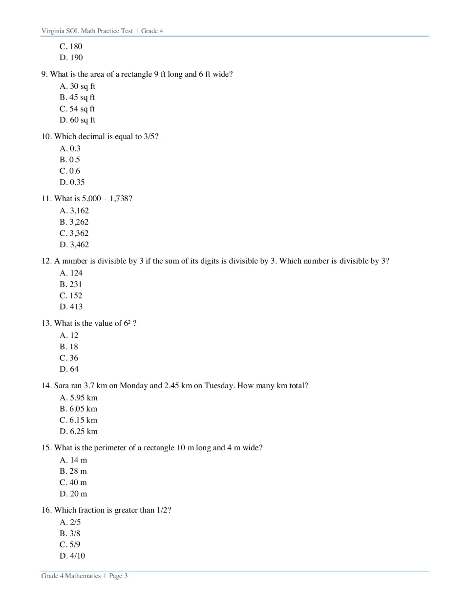 Test questions 9–16 cover area, decimals, subtraction, divisibility, powers, perimeter, and fractions