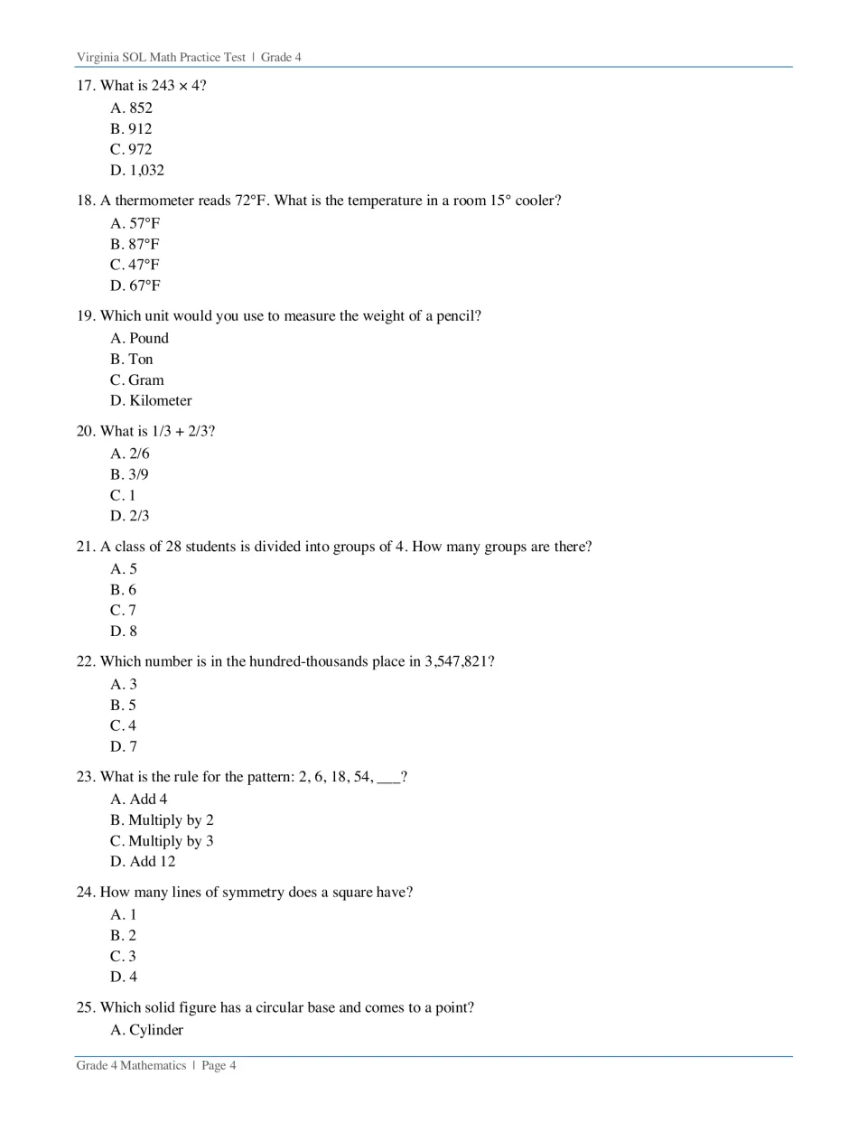 Test questions 17–25 cover multiplication, temperature, units, fractions, place value, and shape facts