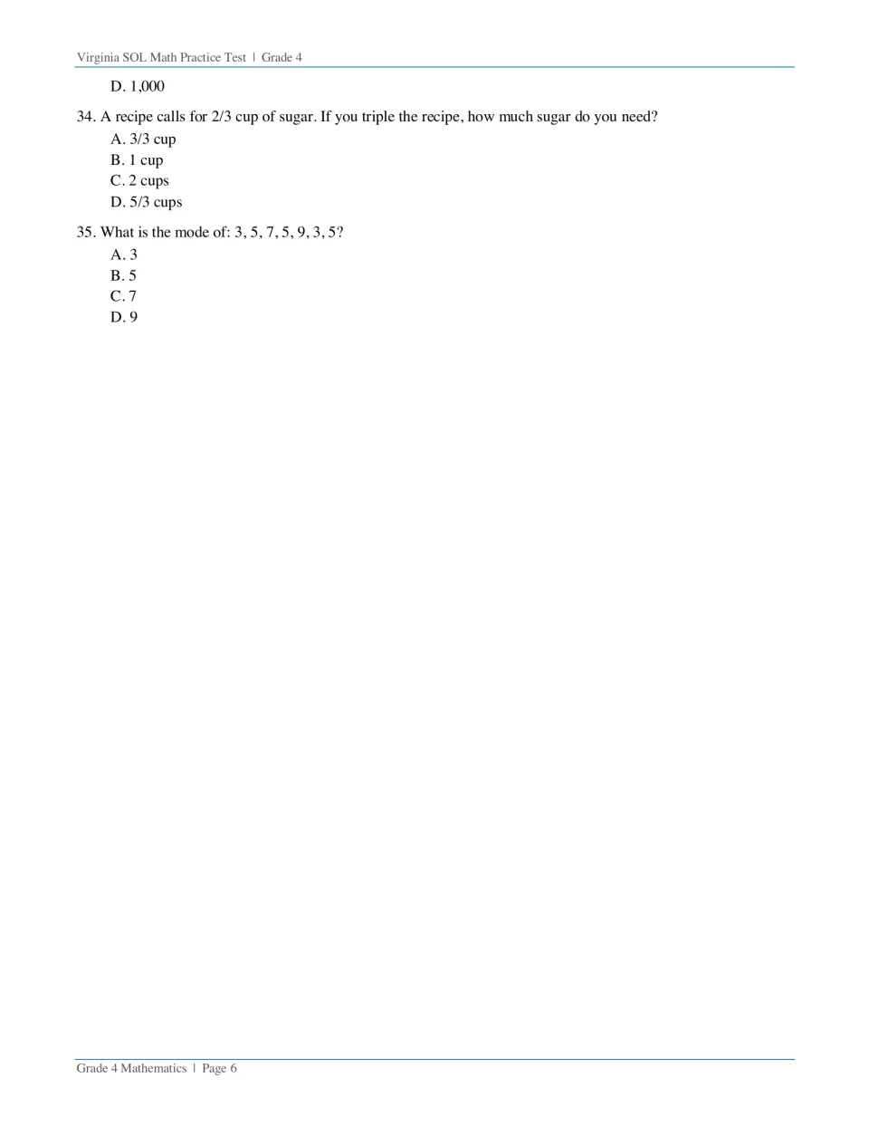 Final test questions 34–35 ask students to triple 2/3 cup of sugar and find the mode of 3, 5, 7, 5, 9, 3, 5