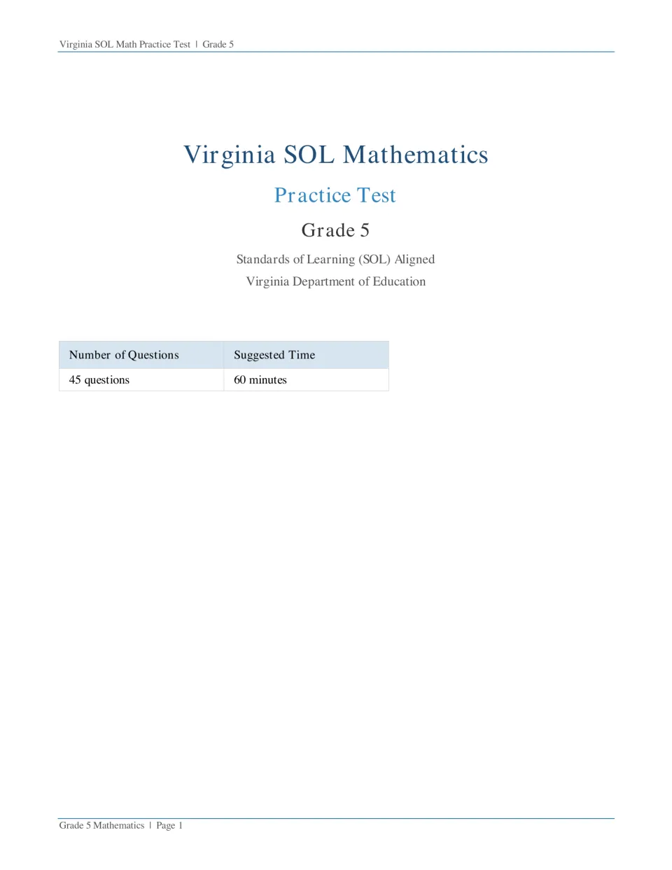 Test title page: Virginia SOL Mathematics practice test listing 45 questions and a suggested time of 60 minutes