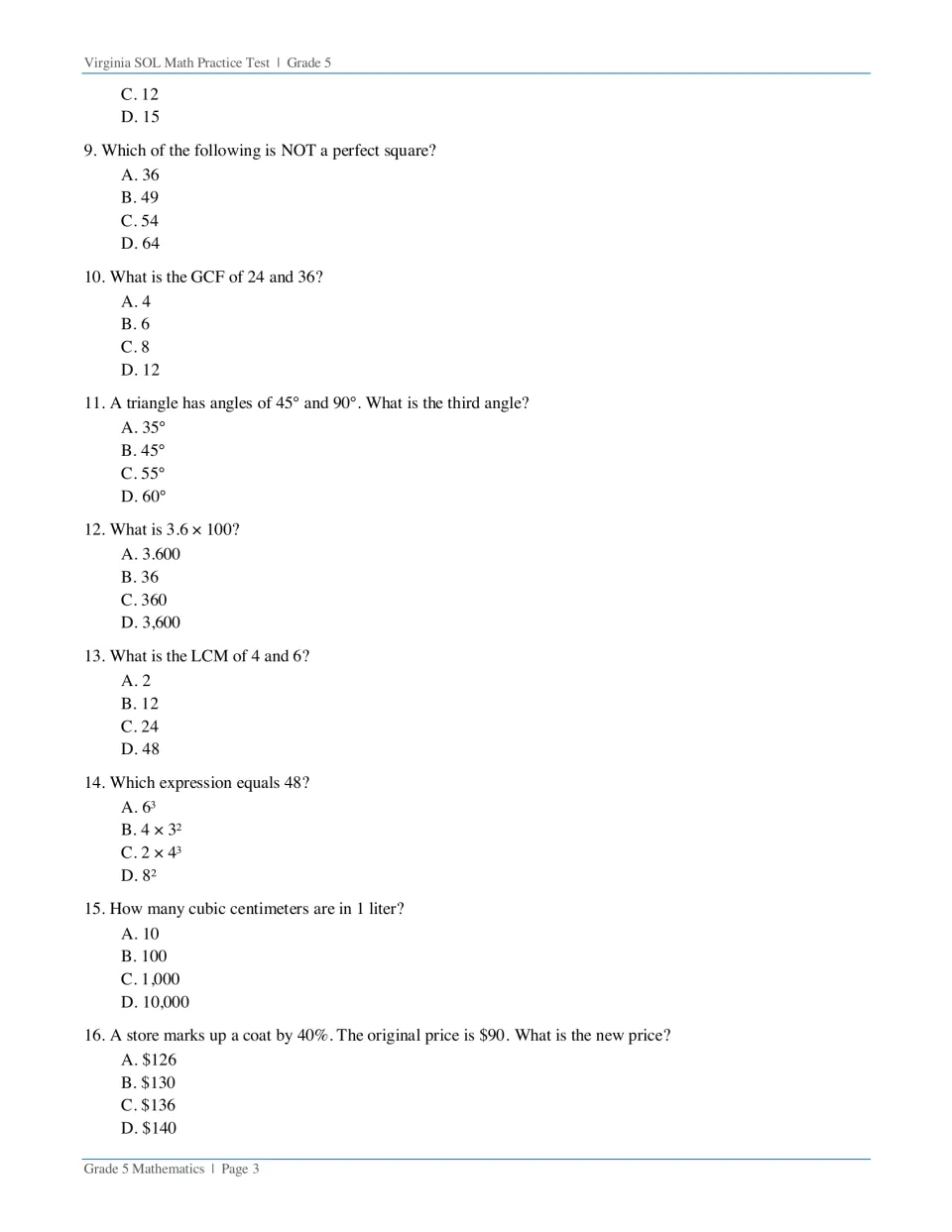 Questions 9-16: students identify perfect squares, find GCF and LCM, solve a missing triangle angle and a 40% price markup