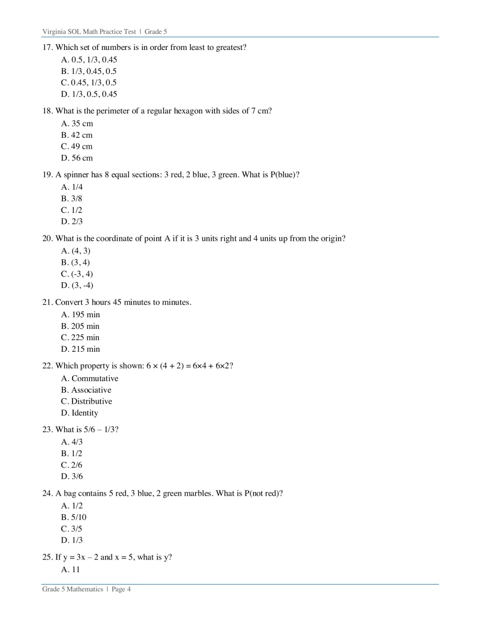 Questions 17-25: students order fractions and decimals, find spinner and marble probability, name a coordinate, convert time