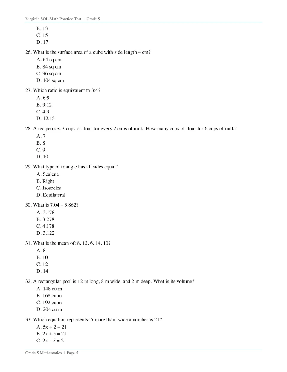 Questions 26-33: students find cube surface area and pool volume, use equivalent ratios, find a mean and write an equation