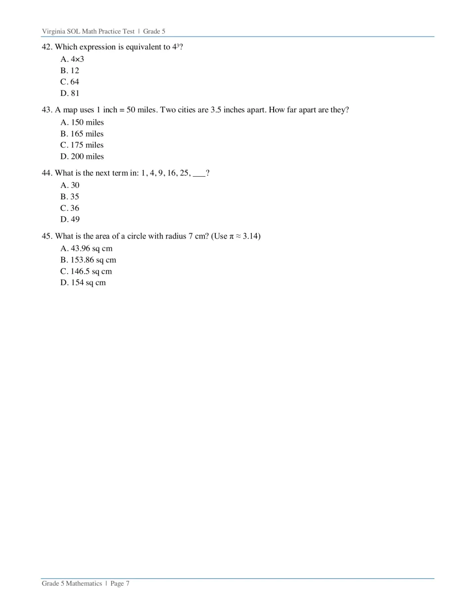 Final questions 42-45: students evaluate 4 cubed, use a map scale, extend a square-number pattern and find a circle's area