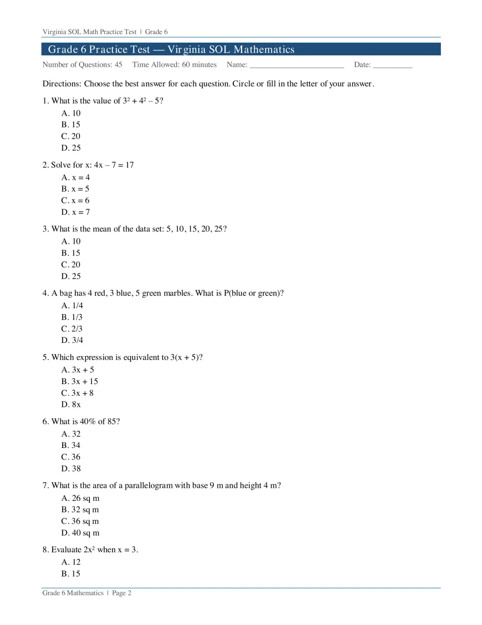 Test questions 1-8: students choose answers on exponents, solving 4x - 7 = 17, mean, probability, percent and area