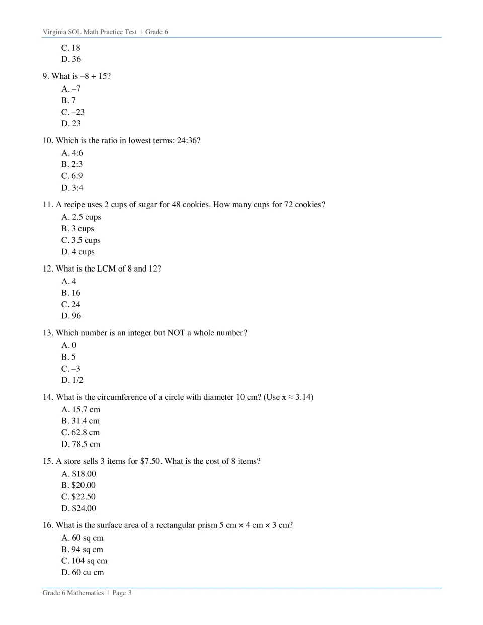 Questions 9-16: students pick answers on integers, lowest-terms ratios, unit rates, LCM, circumference and surface area