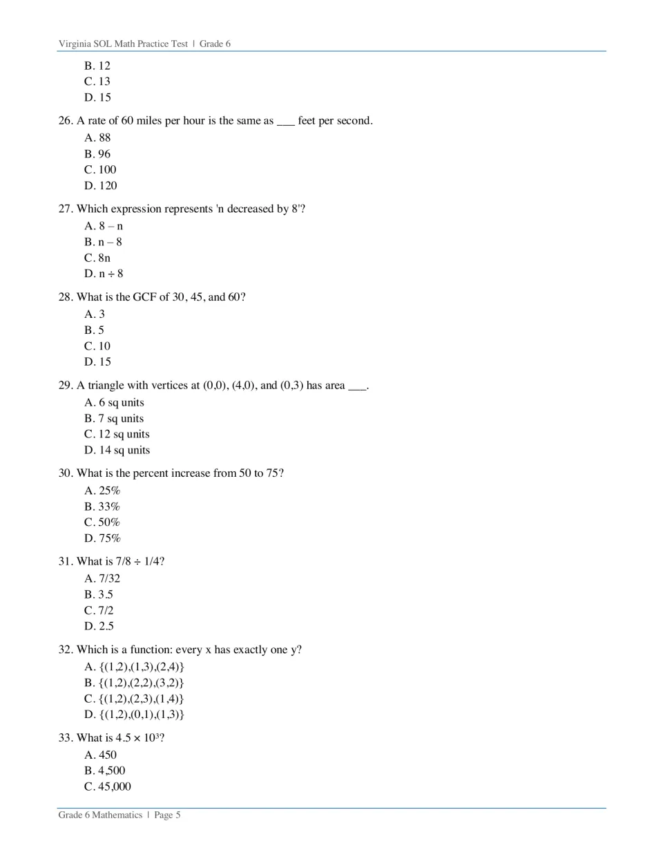 Questions 26-33: rate conversion, expressions, GCF, triangle area from coordinates, percent increase, dividing fractions