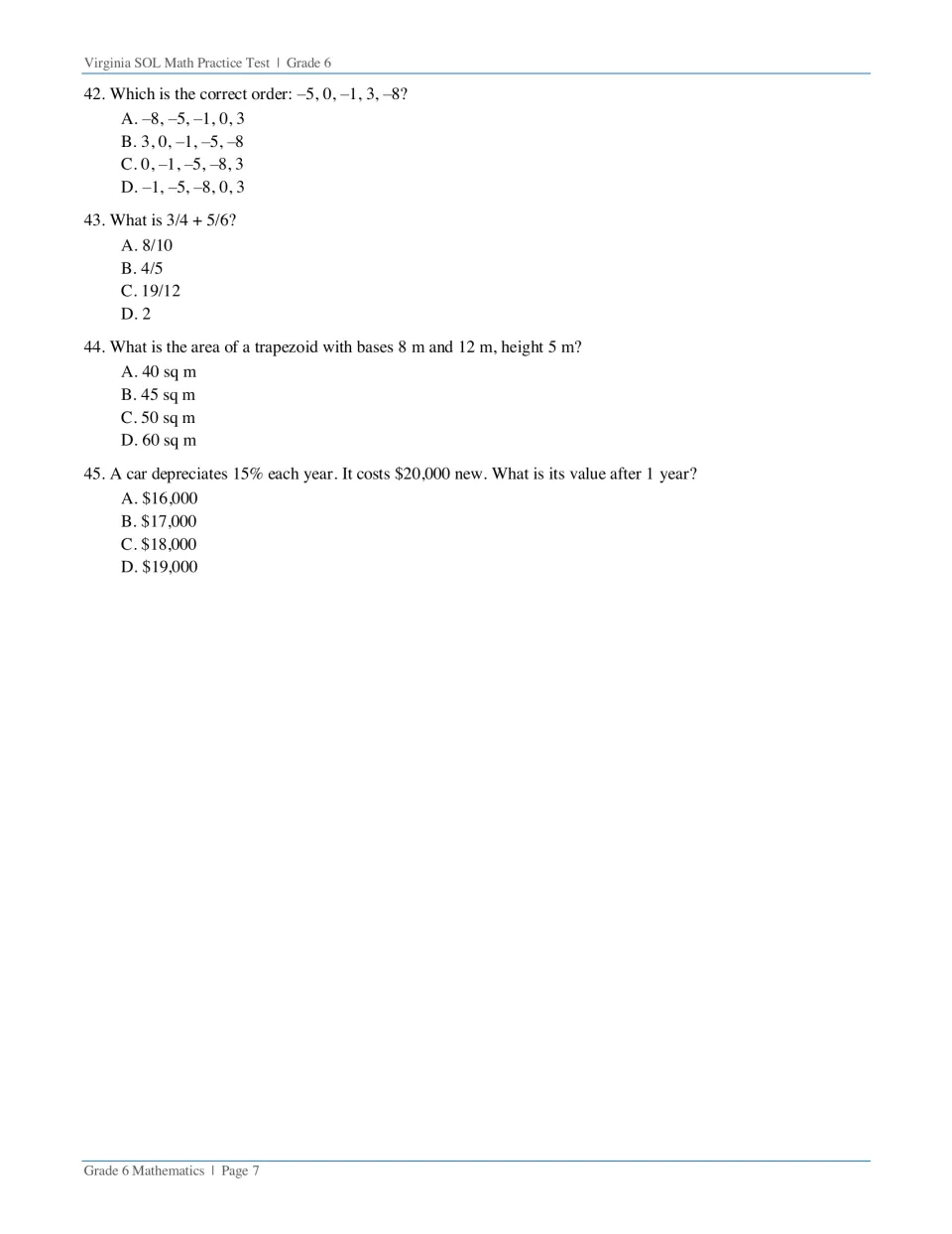 Final questions 42-45: ordering integers, adding fractions, trapezoid area and a 15% depreciation word problem