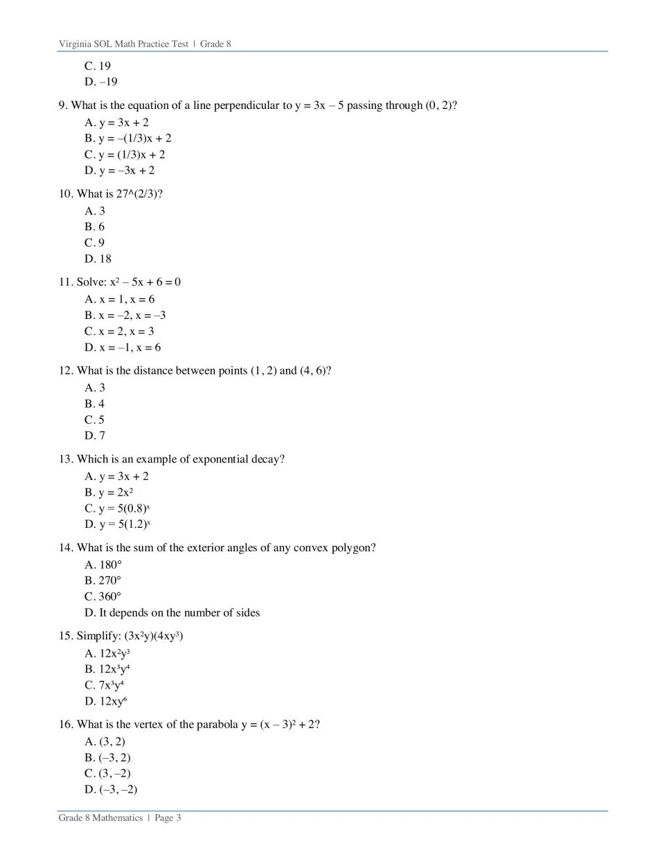 Questions 9-16: students solve quadratics, rational exponents, distance, exponential decay and parabola vertex items