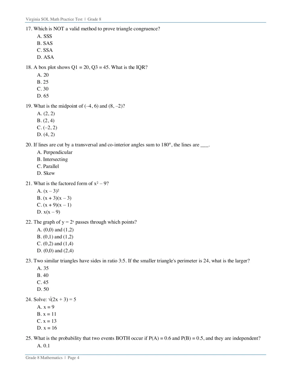 Questions 17-25: students answer triangle congruence, box plot IQR, transversal, factoring and similar-triangle items