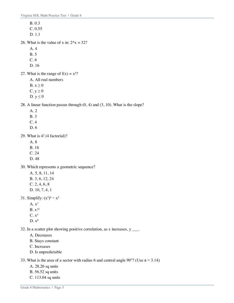 Questions 26-33: students work exponent, function range, slope, factorial, geometric sequence and scatter plot items
