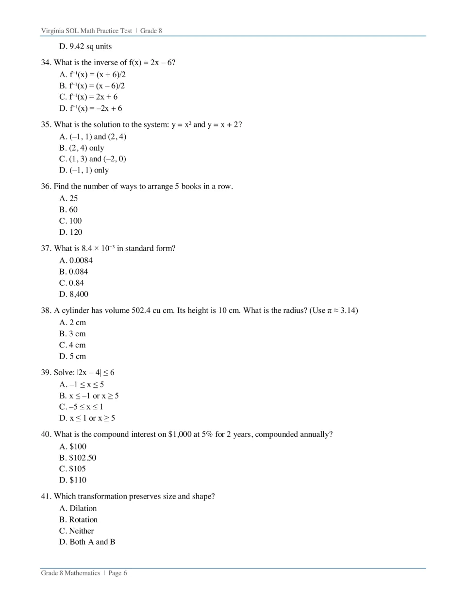 Questions 34-41: students find inverse functions, solve systems and absolute value inequalities, and compute interest