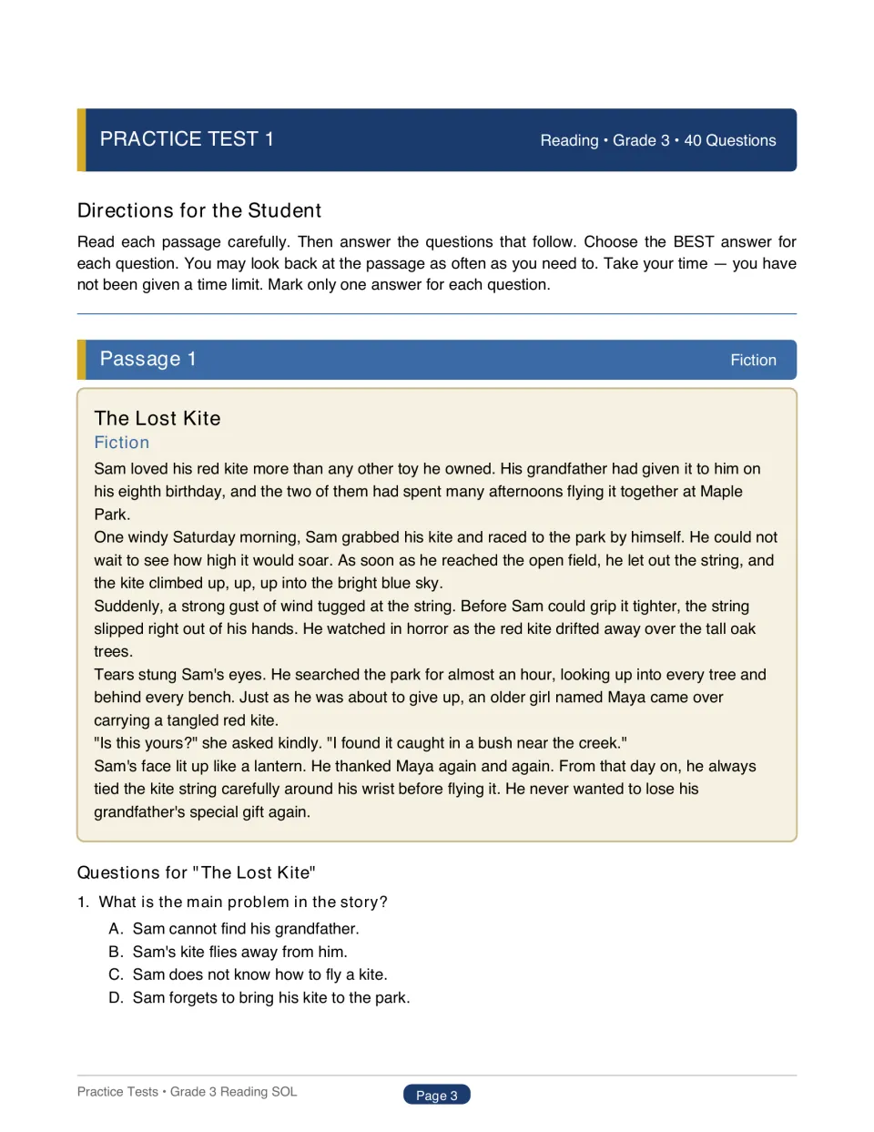 Practice Test 1 opens with directions, The Lost Kite fiction passage, and question 1 about the main problem