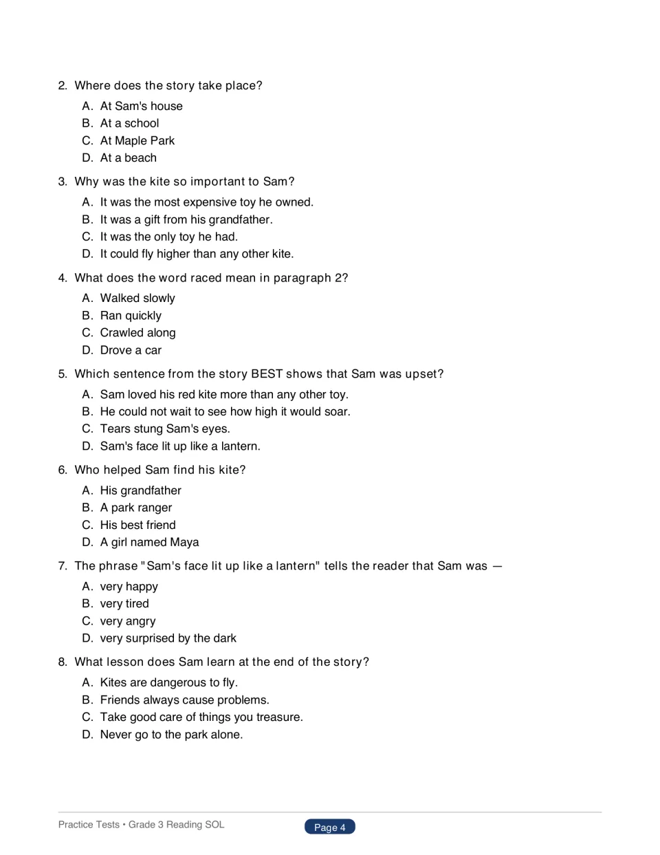 Test 1 questions 2–8 for The Lost Kite cover setting, vocabulary, story details, feelings, and the lesson