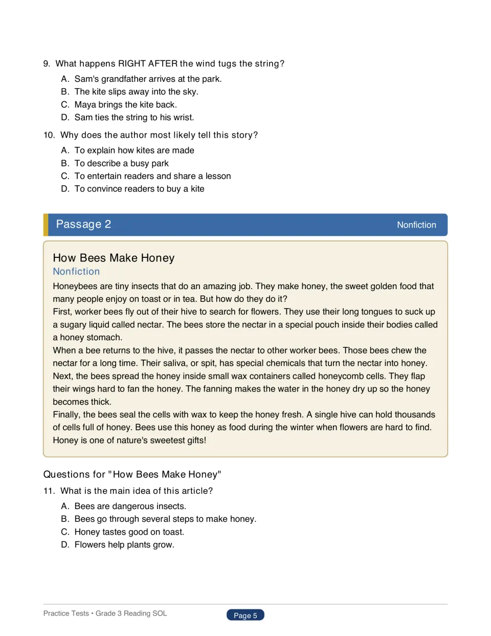 Test 1 finishes The Lost Kite questions 9–10 and starts How Bees Make Honey with main idea question 11