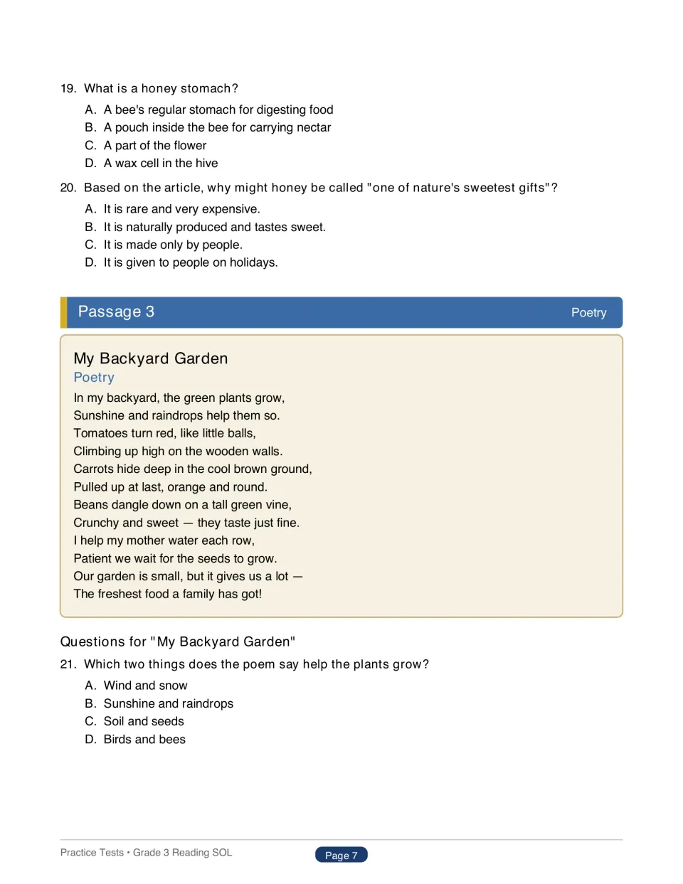 Test 1 ends the honey passage questions 19–20 and introduces My Backyard Garden poem with question 21