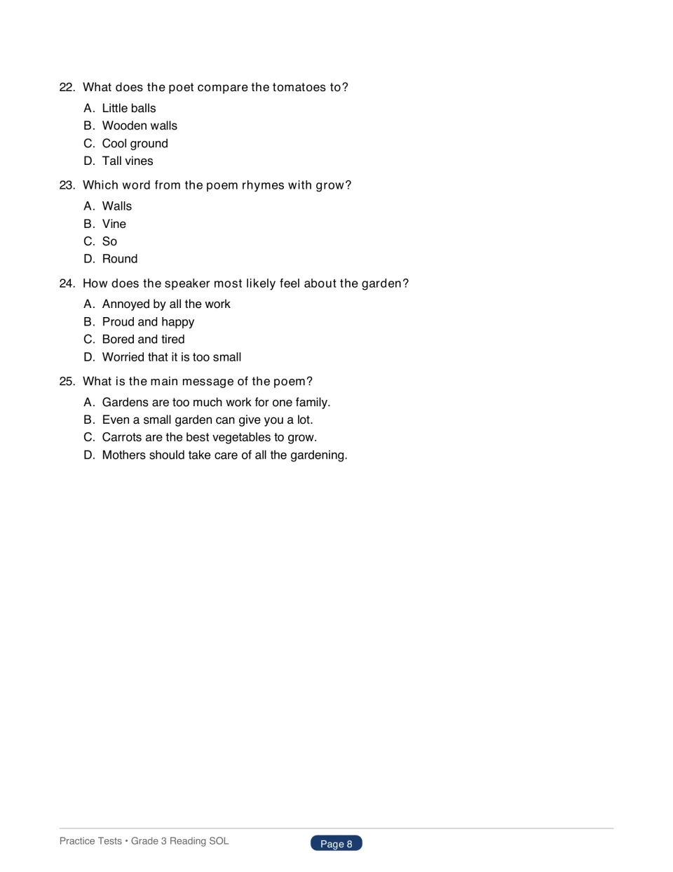Test 1 questions 22–25 for My Backyard Garden ask about comparison, rhyme, the speaker’s feelings, and message