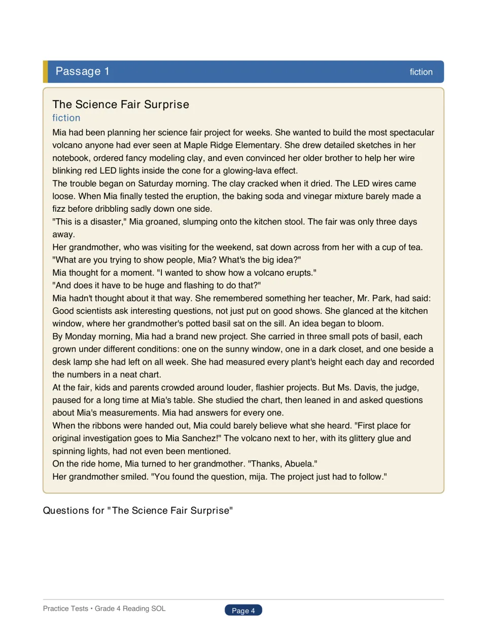 Test 1 fiction passage, The Science Fair Surprise, follows Mia from a failed volcano to a winning plant project